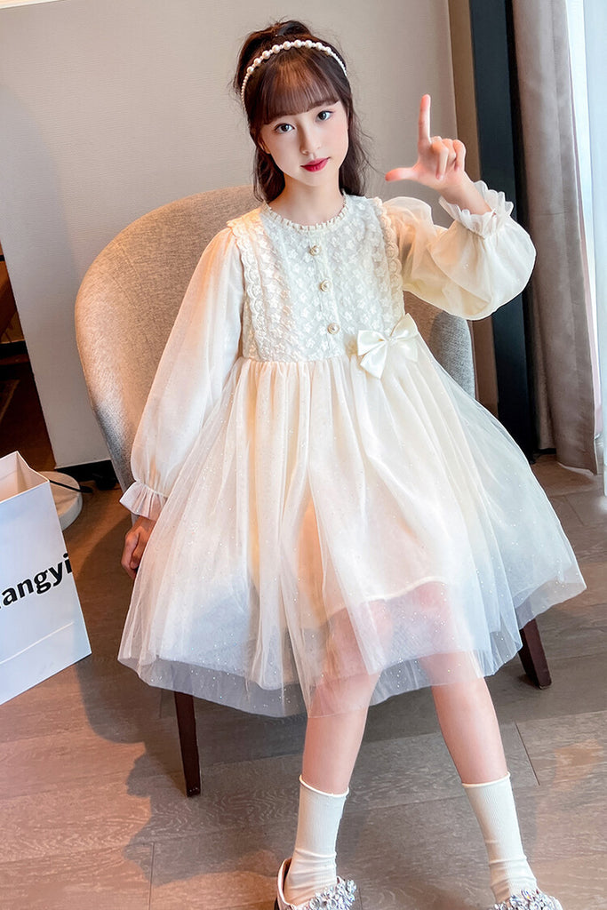 Elegant hvid prinsessekjole med blondebroderier og sløjfe til piger(6-12 år)