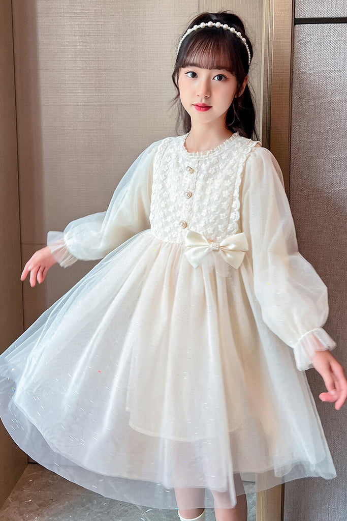 Elegant hvid prinsessekjole med blondebroderier og sløjfe til piger(6-12 år)