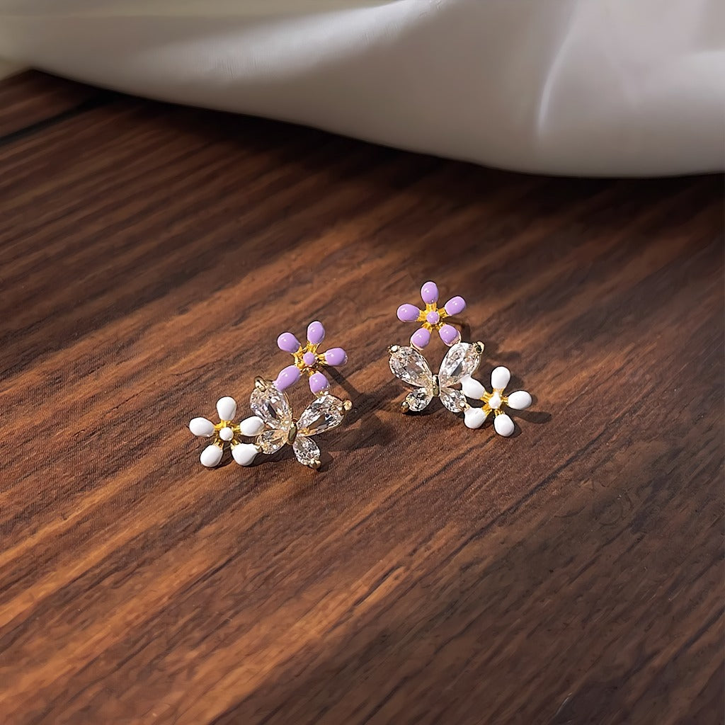 14K Forgyldte 925 Sterling Sølv Nåle Sommerfugl & Blomster Øreringe – Delikat & Feminint Design