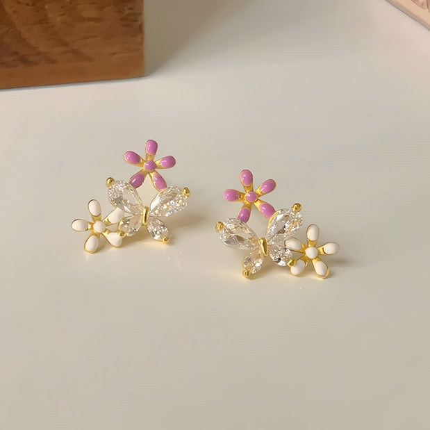 14K Forgyldte 925 Sterling Sølv Nåle Sommerfugl & Blomster Øreringe – Delikat & Feminint Design