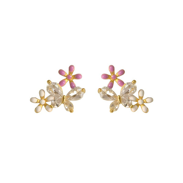 14K Forgyldte 925 Sterling Sølv Nåle Sommerfugl & Blomster Øreringe – Delikat & Feminint Design