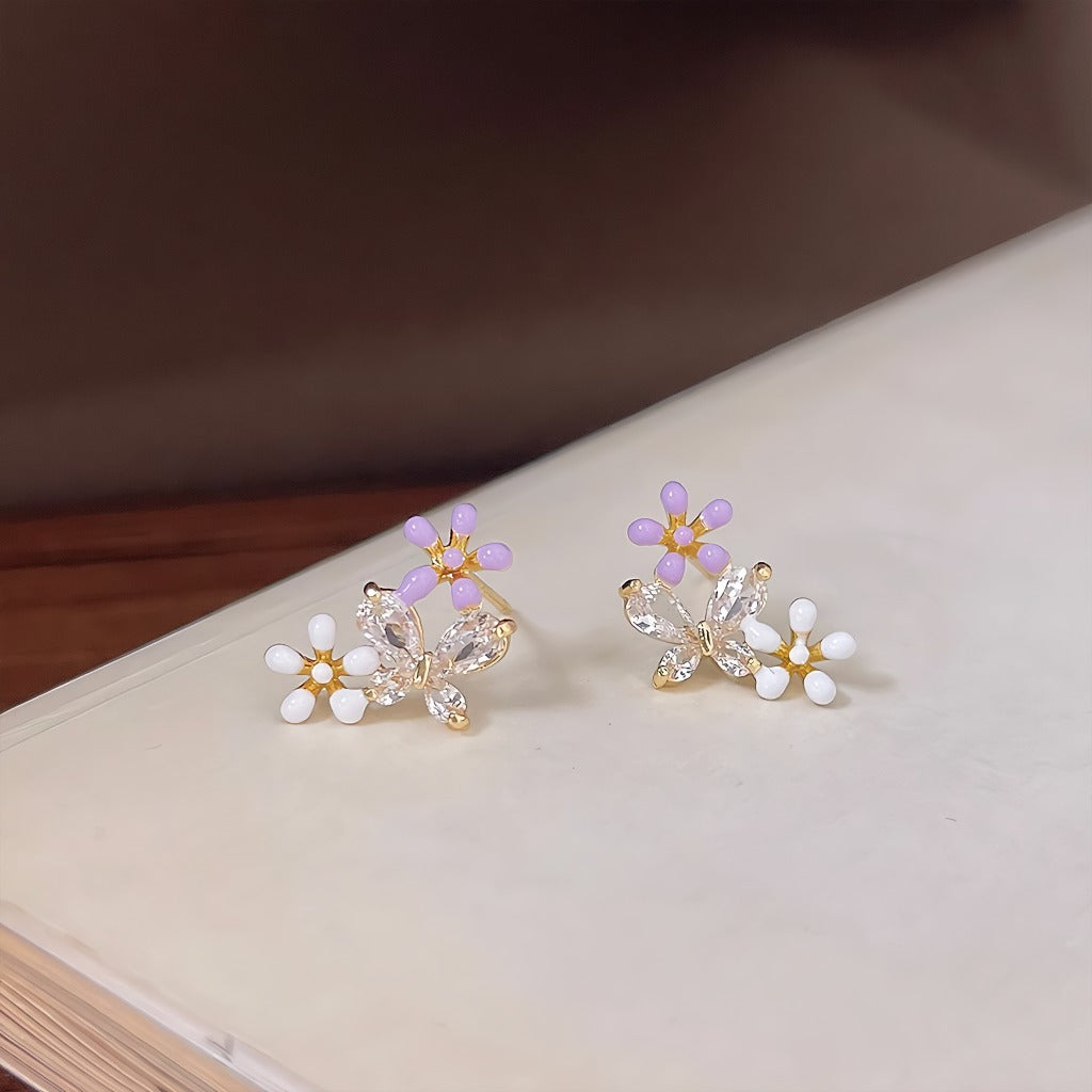 14K Forgyldte 925 Sterling Sølv Nåle Sommerfugl & Blomster Øreringe – Delikat & Feminint Design