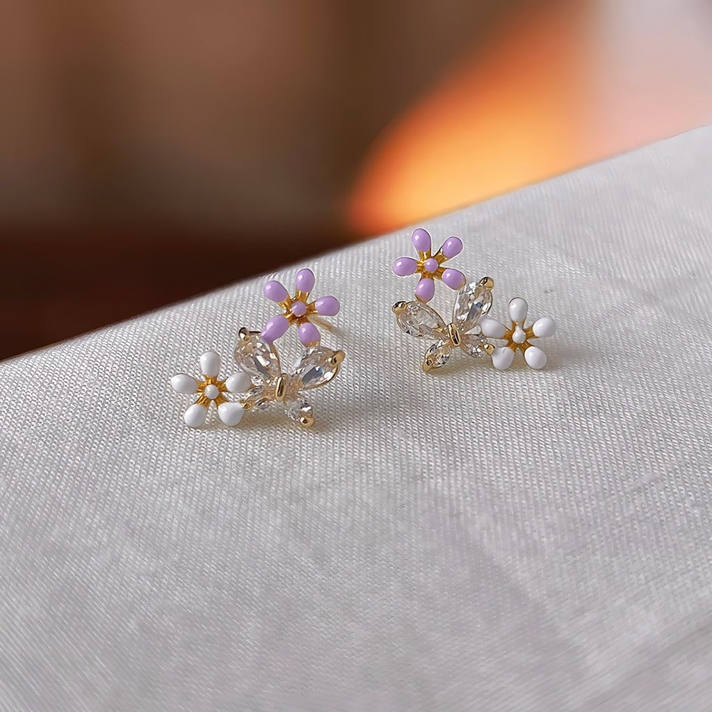 14K Forgyldte 925 Sterling Sølv Nåle Sommerfugl & Blomster Øreringe – Delikat & Feminint Design