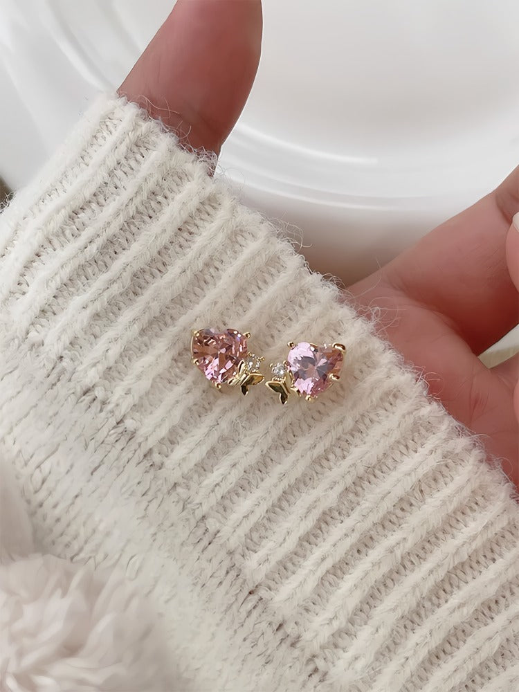 14K Forgyldte 925 sterling sølv nåle Hjerteformede Øreringe med Sommerfugl og Skinnende Zirkonia