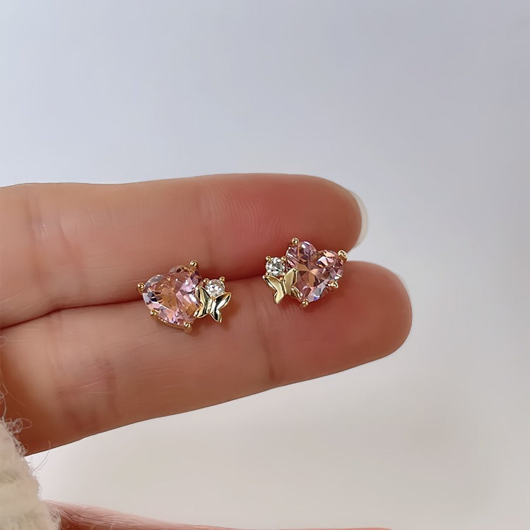 14K Forgyldte 925 sterling sølv nåle Hjerteformede Øreringe med Sommerfugl og Skinnende Zirkonia