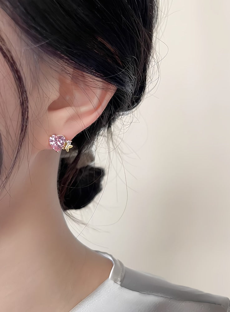 14K Forgyldte 925 sterling sølv nåle Hjerteformede Øreringe med Sommerfugl og Skinnende Zirkonia