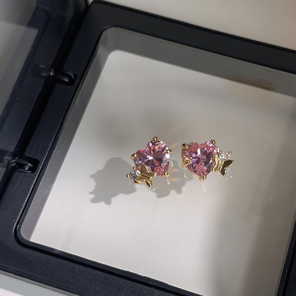 14K Forgyldte 925 sterling sølv nåle Hjerteformede Øreringe med Sommerfugl og Skinnende Zirkonia