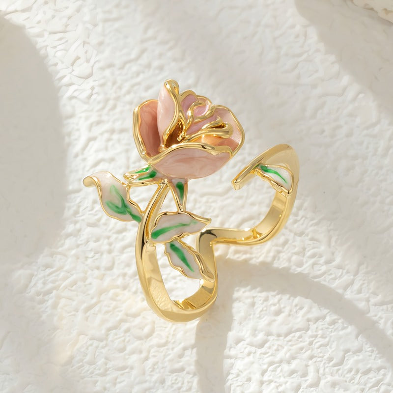 14K Guldbelagt Justerbar Ring med Rosa Rose og Grønne Blade – Romantisk og Unik