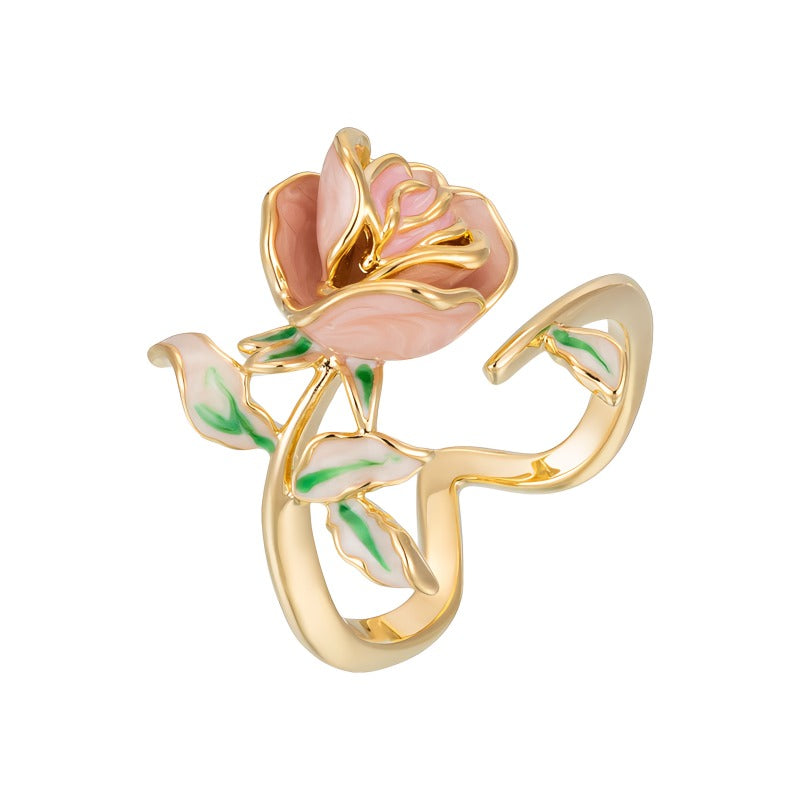 14K Guldbelagt Justerbar Ring med Rosa Rose og Grønne Blade – Romantisk og Unik