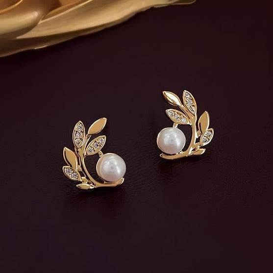 14K Forgyldte 925 Sterling Sølv Nåle Blad & Perle Øreringe – Naturlig Elegance og Klassisk Skønhed4