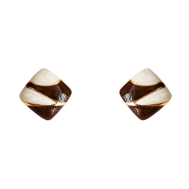 14K Forgyldt 925 Sterling Sølv Sølvnål Håndmalet Emalje Øreringe i Brun & Elfenben – Elegant Retro Design - Lilla Villa