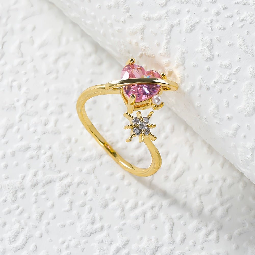 14K Forgyldt Justerbar Ring med Pink Hjerteformet Zirkonia og Stjernedetalje - Lilla Villa