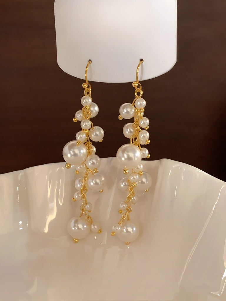 14K Forgyldt Lange Øreringe med Højglans Perler – Elegant Håndlavet Design i Vintage Stil - Lilla Villa