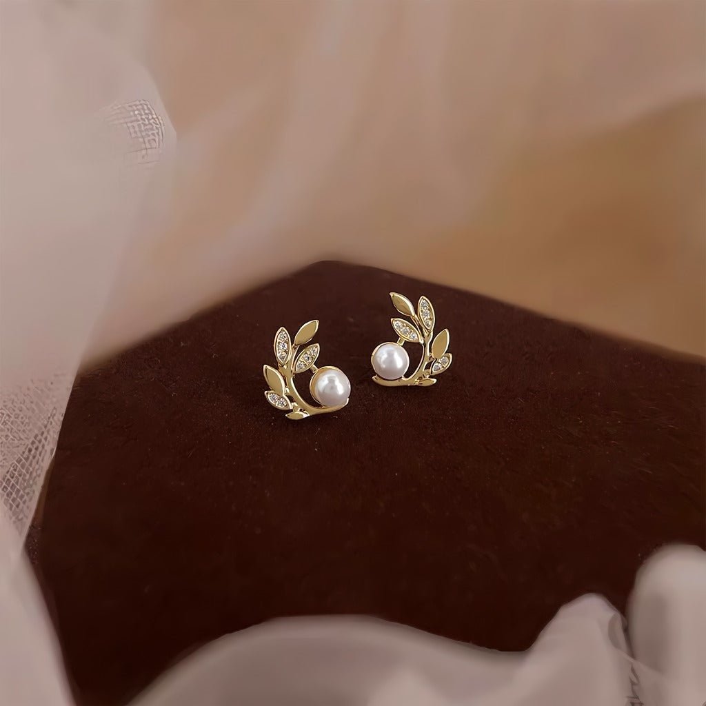 14K Forgyldte 925 Sterling Sølv Nåle Blad & Perle Øreringe – Elegance og Klassisk Skønhed - Lilla Villa