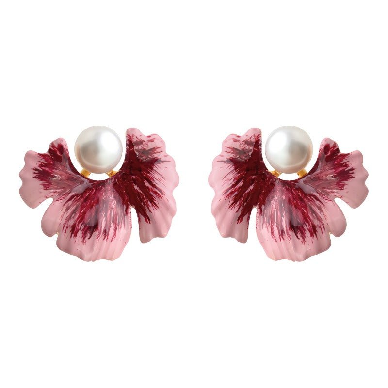 14K Forgyldte 925 sterling sølv nåle Elegant Blomstret Øreringe med Skinnende Perler og Pink Emalje - Lilla Villa