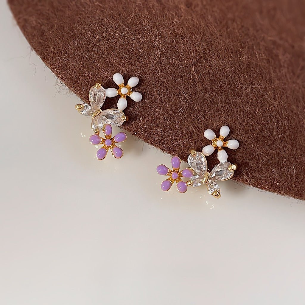 14K Forgyldte 925 Sterling Sølv Nåle Sommerfugl & Blomster Øreringe – Delikat & Feminint Design - Lilla Villa