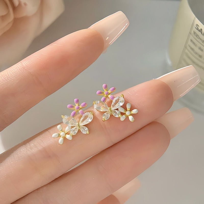 14K Forgyldte 925 Sterling Sølv Nåle Sommerfugl & Blomster Øreringe – Delikat & Feminint Design - Lilla Villa