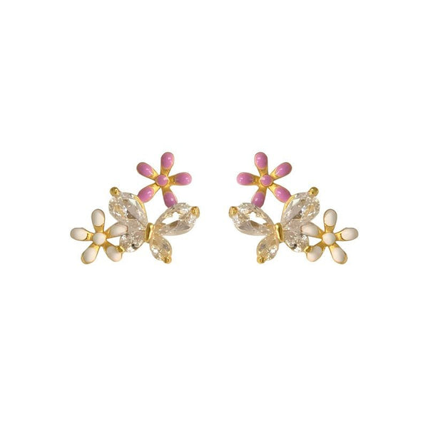 14K Forgyldte 925 Sterling Sølv Nåle Sommerfugl & Blomster Øreringe – Delikat & Feminint Design - Lilla Villa
