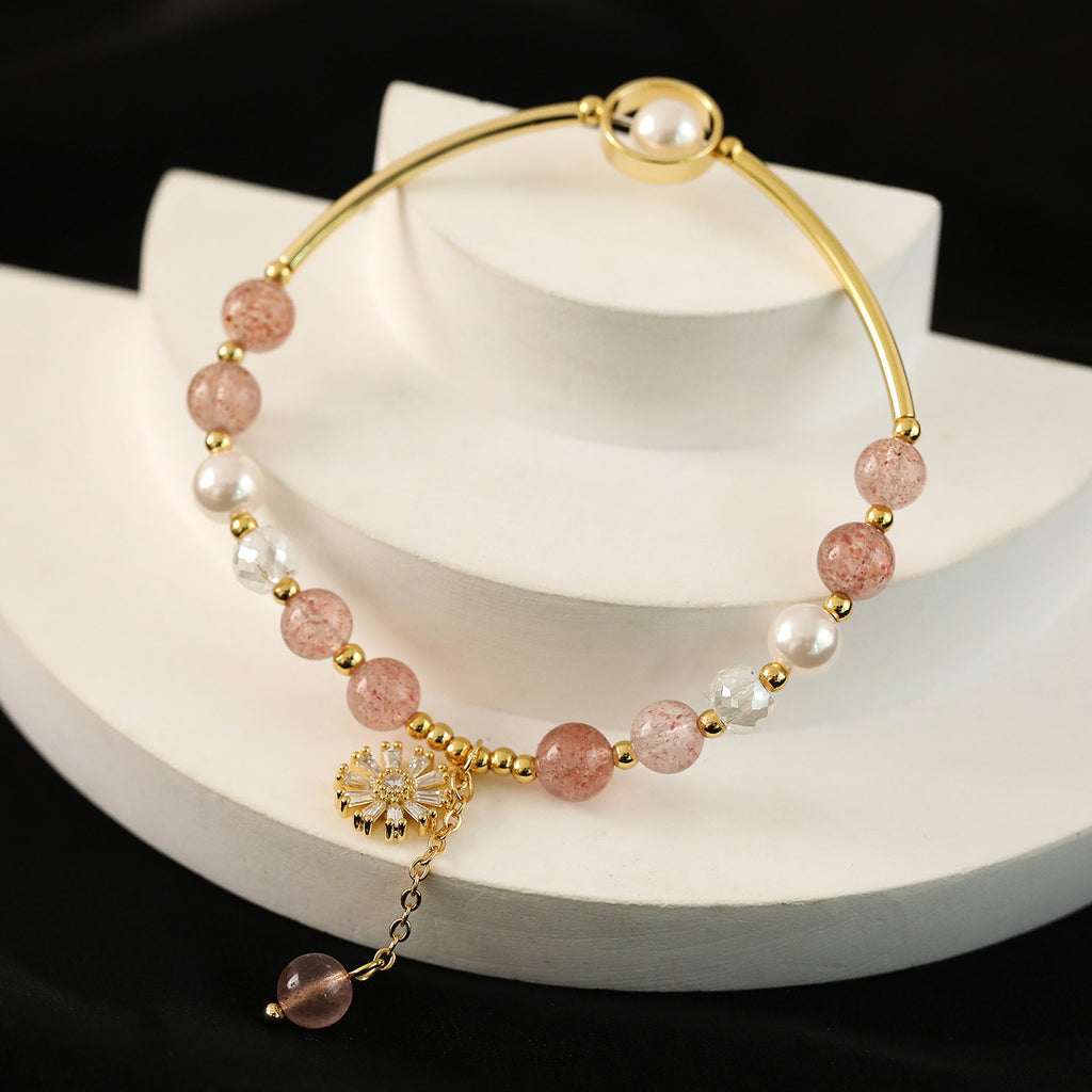 16K Guld Belagt Glasperle Armbånd med Zirkonia og Ferskvandsperler – Elegant og Farverig Detalje