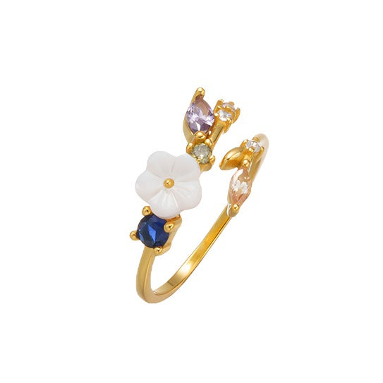 18K Forgyldt Justerbar Ring med Zirkonia og Blomst – Elegant og Farverigt Design