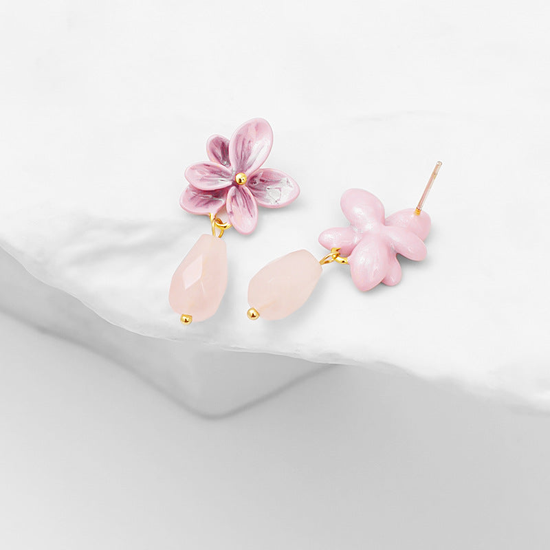 18K Forgyldte Lyserøde Blomst Øreringe med Facetteret Krystal