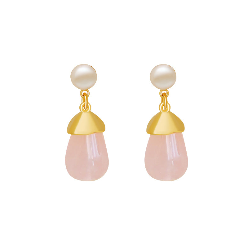18K Forgyldte Øreringe med Lyserød Chalcedon (naturlig halvædelsten) og Ferskvandsperle – Elegant og Feminin Stil