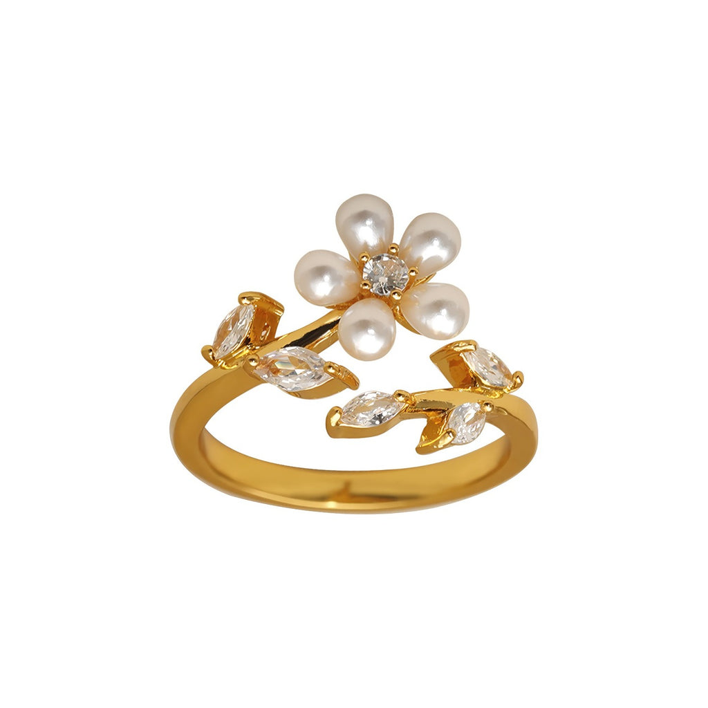 18K Guldbelagt Justerbar Blomster Ring med Perler og Zirkonia – Elegant og Feminint Design