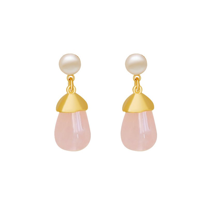 18K Forgyldte Øreringe med Lyserød Chalcedon (naturlig halvædelsten) og Ferskvandsperle – Elegant og Feminin Stil - Lilla Villa