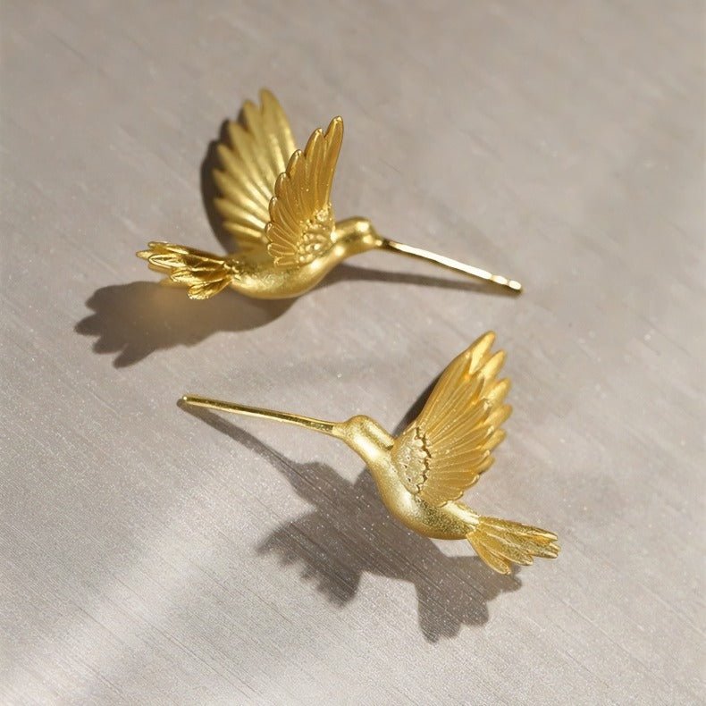 925 sølv nål mat 14k guldbelagt kolibri øreringe - Lilla Villa