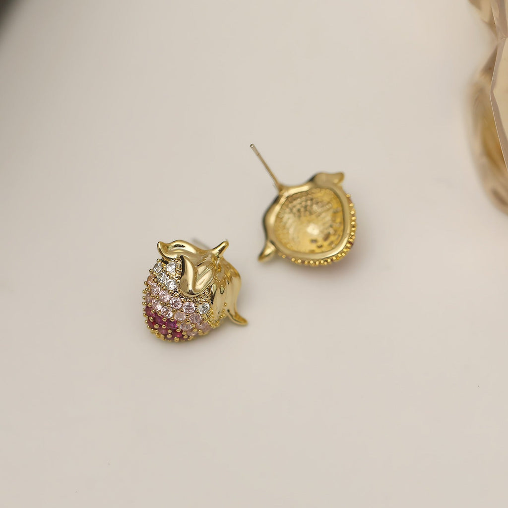 925 Sterling Sølvnål 14K Forgyldte Øreringe med Jordbærdesign og Pink & Klar Zirkonia - Lilla Villa