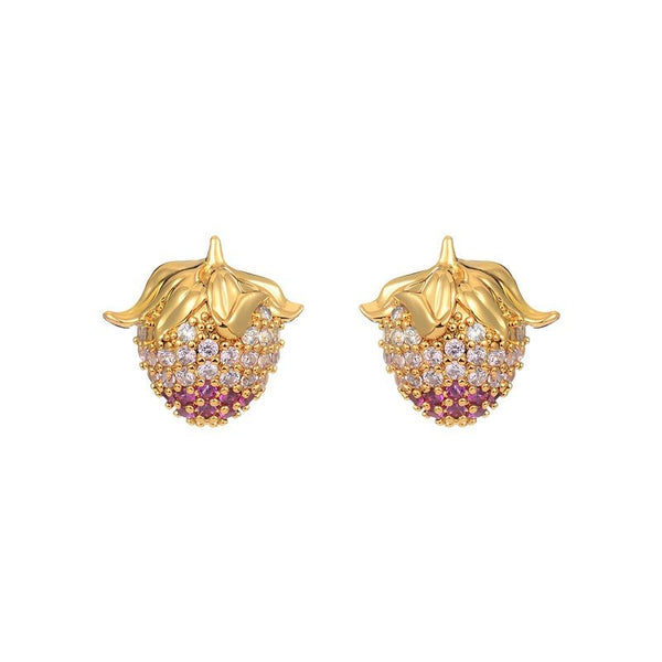 925 Sterling Sølvnål 14K Forgyldte Øreringe med Jordbærdesign og Pink & Klar Zirkonia - Lilla Villa