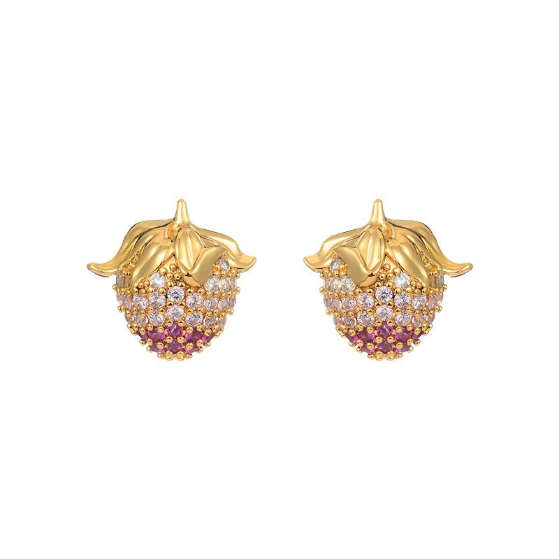 925 Sterling Sølvnål 14K Forgyldte Øreringe med Jordbærdesign og Pink & Klar Zirkonia - Lilla Villa