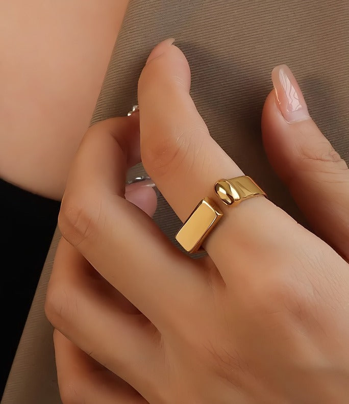 925 Sølv Forgyldt 14K Guld Geometrisk Justerbar Ring – Minimalistisk og Elegant Design