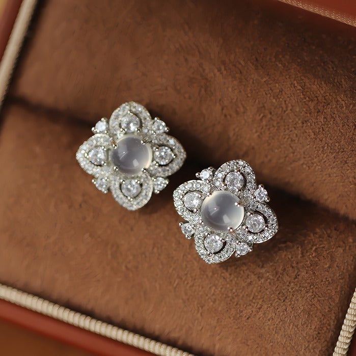 925 Sølv Nål Vintage Øreringe i Hvidguld Belægning med Zirkonia & Resin – Elegant Blomsterdesign
