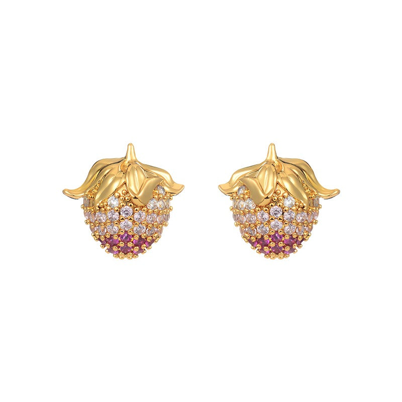 925 Sterling Sølvnål 14K Forgyldte Øreringe med Jordbærdesign og Pink & Klar Zirkonia