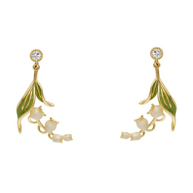 925 Sterling Sølvnål 14K Forgyldte Liljekonval Øreringe med Emalje og Zirkonia – Elegant og Delikat Design