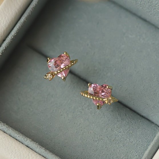 925S Sølv Hjerteformede Øreringe med 14K Guldbelægning og Pink Zirkonia - Lilla Villa