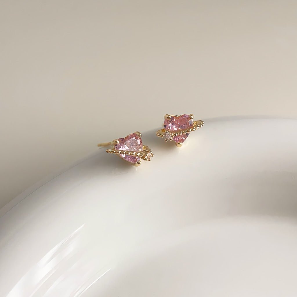 925S Sølv Hjerteformede Øreringe med 14K Guldbelægning og Pink Zirkonia - Lilla Villa