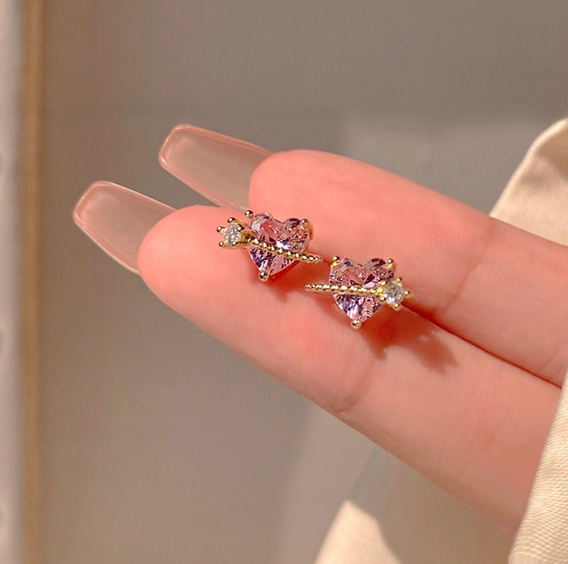 925S Sølv Hjerteformede Øreringe med 14K Guldbelægning og Pink Zirkonia - Lilla Villa