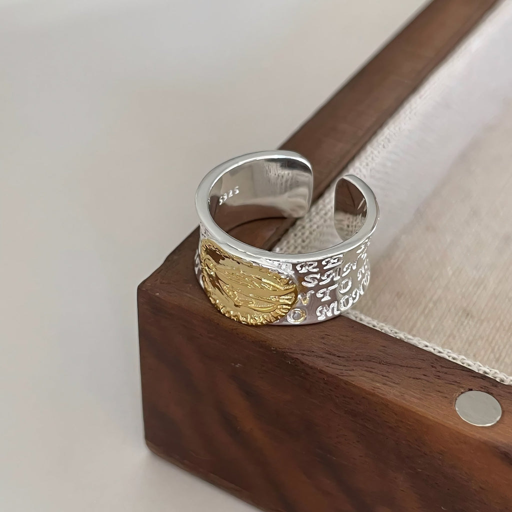 925S sølv vintage mønt alsidig åben guld belagt ring - Lilla Villa