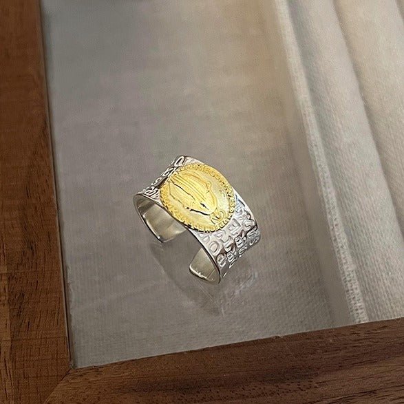 925S sølv vintage mønt alsidig åben guld belagt ring - Lilla Villa