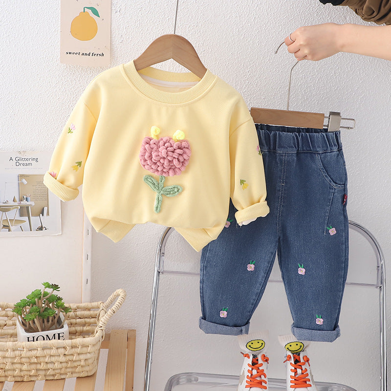 Børnetøjssæt med Blomsterbroderi-Trøje og Jeans (1-6 år)
