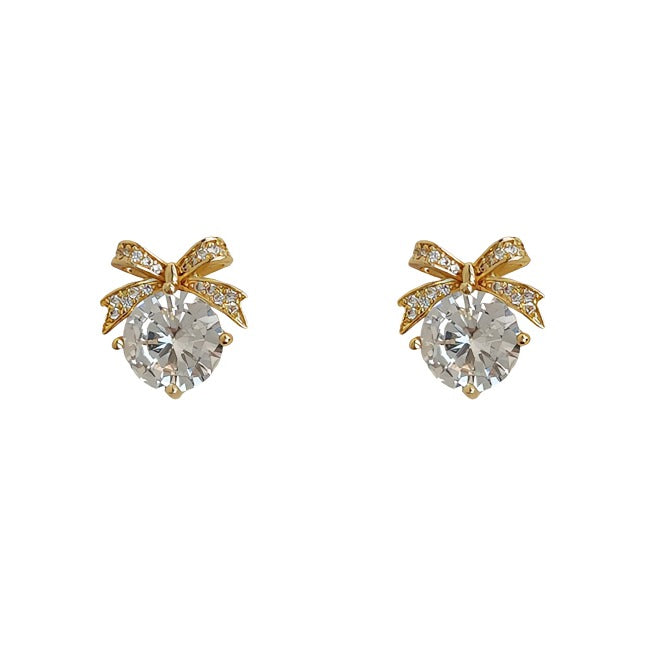 Forgyldt 14K 925 Sterling Sølv Nål Sløjfe Øreringe med Store Zirkonia – Elegant og Glitrende Design