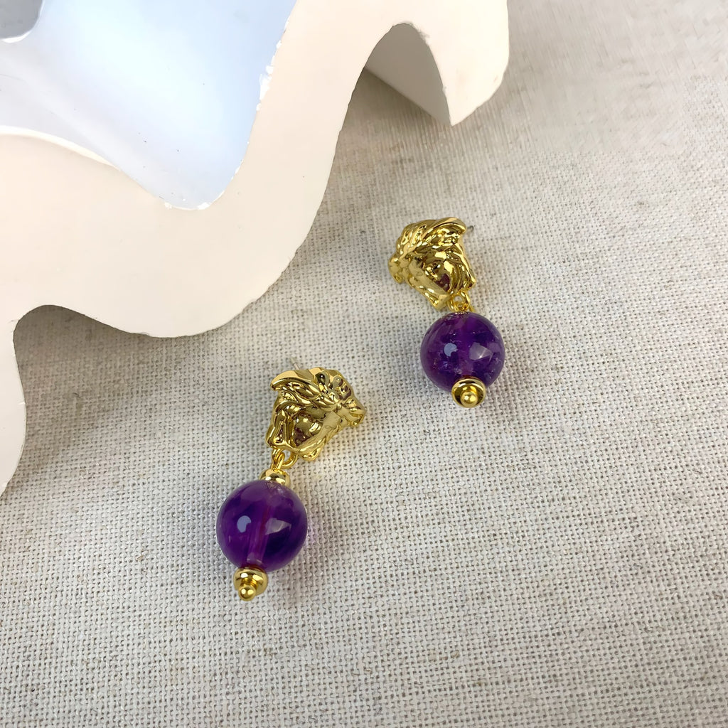 Fransk Vintage 925 Sølv Nål 14K Forgyldt Øreringe med Lilla Krystal – Elegant & Unikt Design