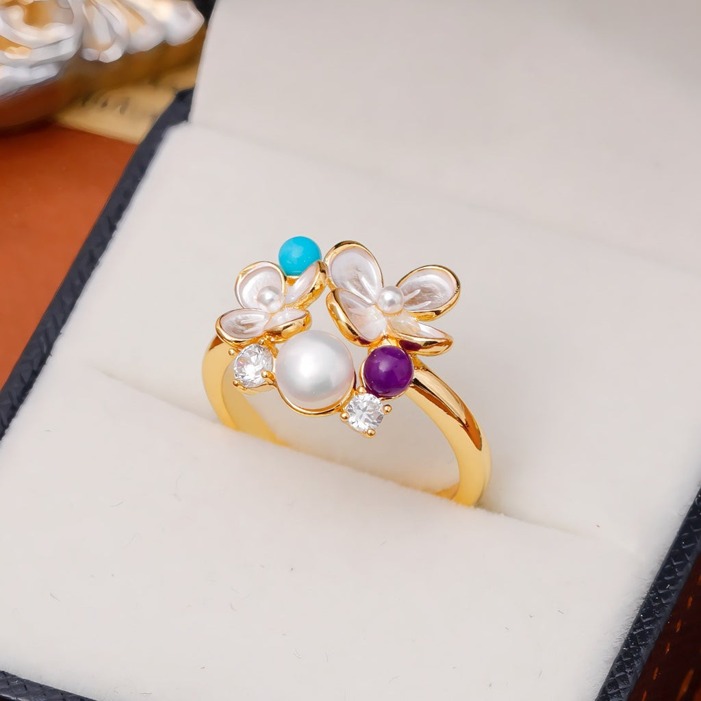 Justerbar 16K Forgyldt Guld Ring med Blomsterdesign, Ferskvandsperler og Farvede Sten
