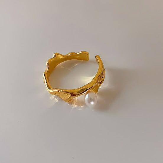 Justerbar åben ring i 925 sterling sølv med 14K guld forgyldt og perle