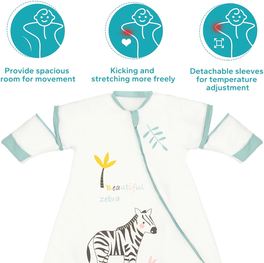 Varm sovepose til 15-20°C til baby (str.: 0-18 mdr.) med aftagelige ærmer – zebra