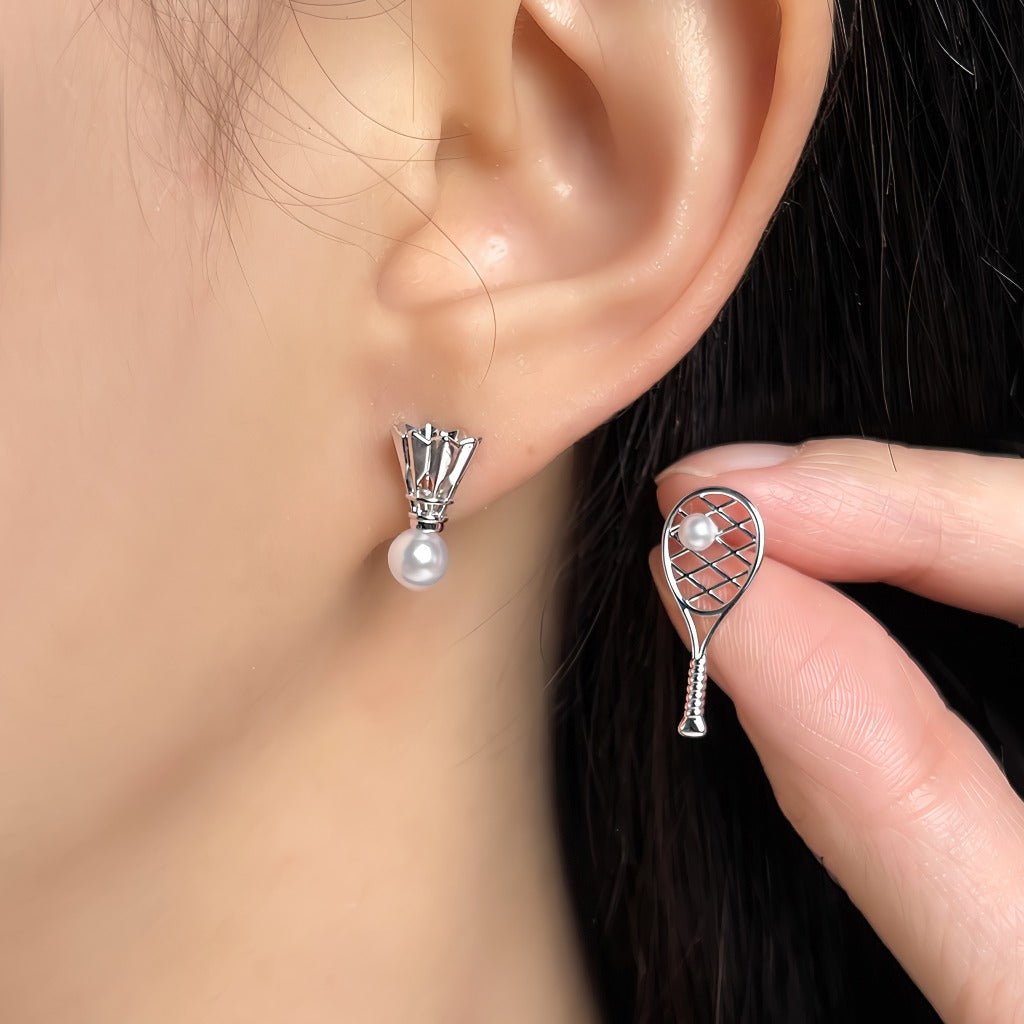 Asymmetriske Tennis & Badminton Perle Øreringe – 18K Hvidguld Forgyldt & 925 Sølv Nål - Lilla Villa