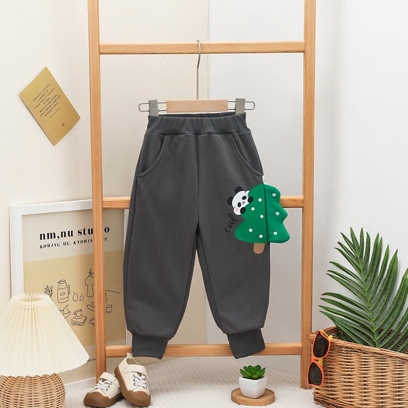 Børne sweatpants med panda og træ print - mørkegrå - Lilla Villa