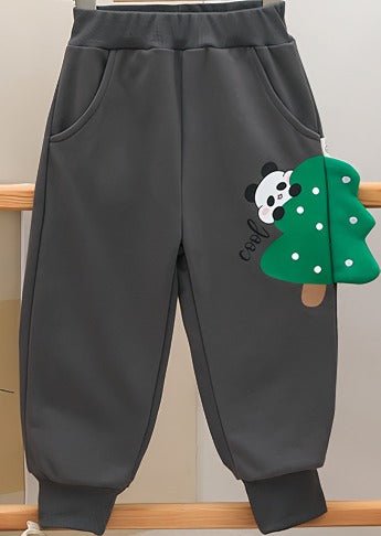 Børne sweatpants med panda og træ print - mørkegrå - Lilla Villa